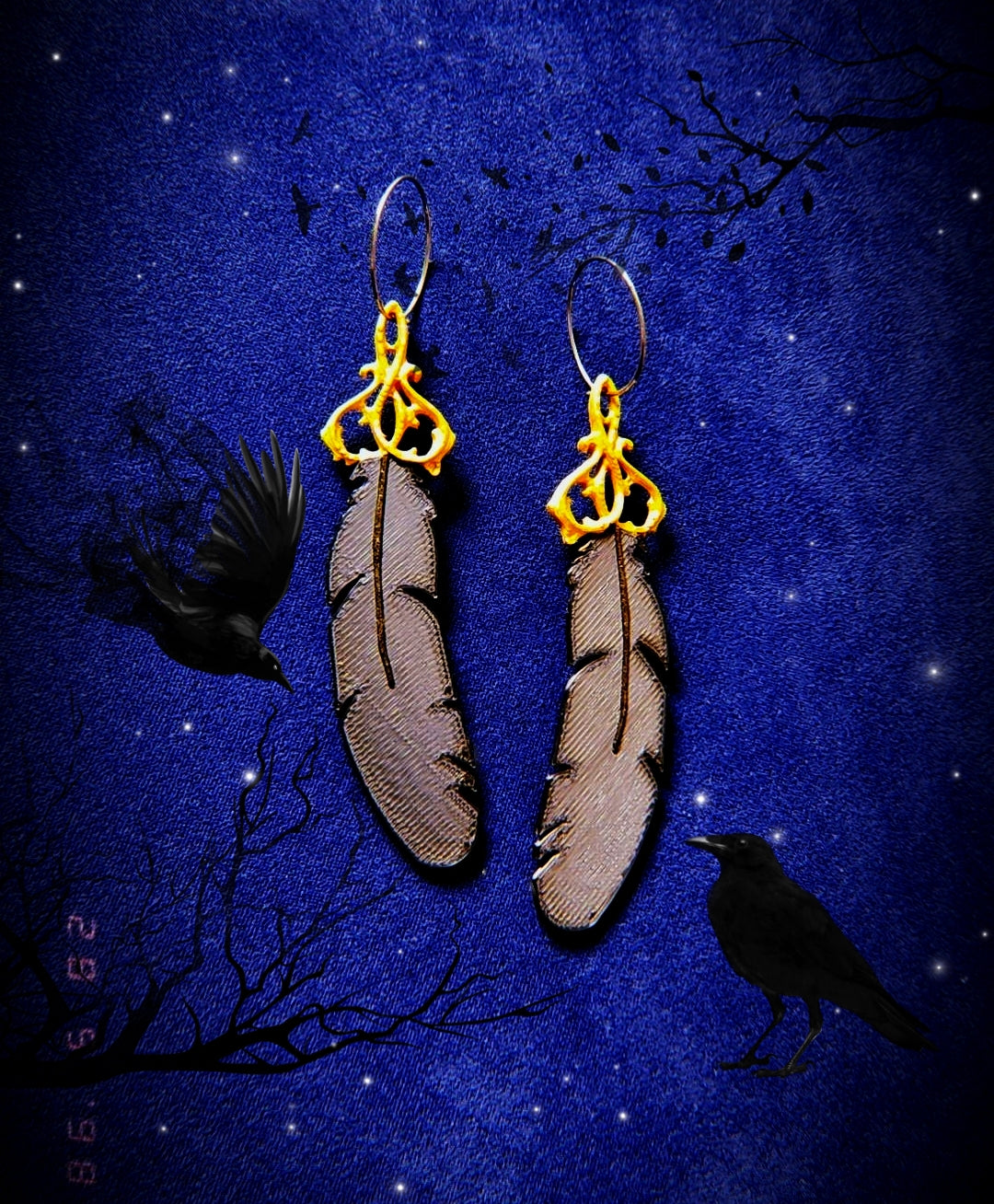 Pendientes Plumas Cuervo Raven Crow Vintage